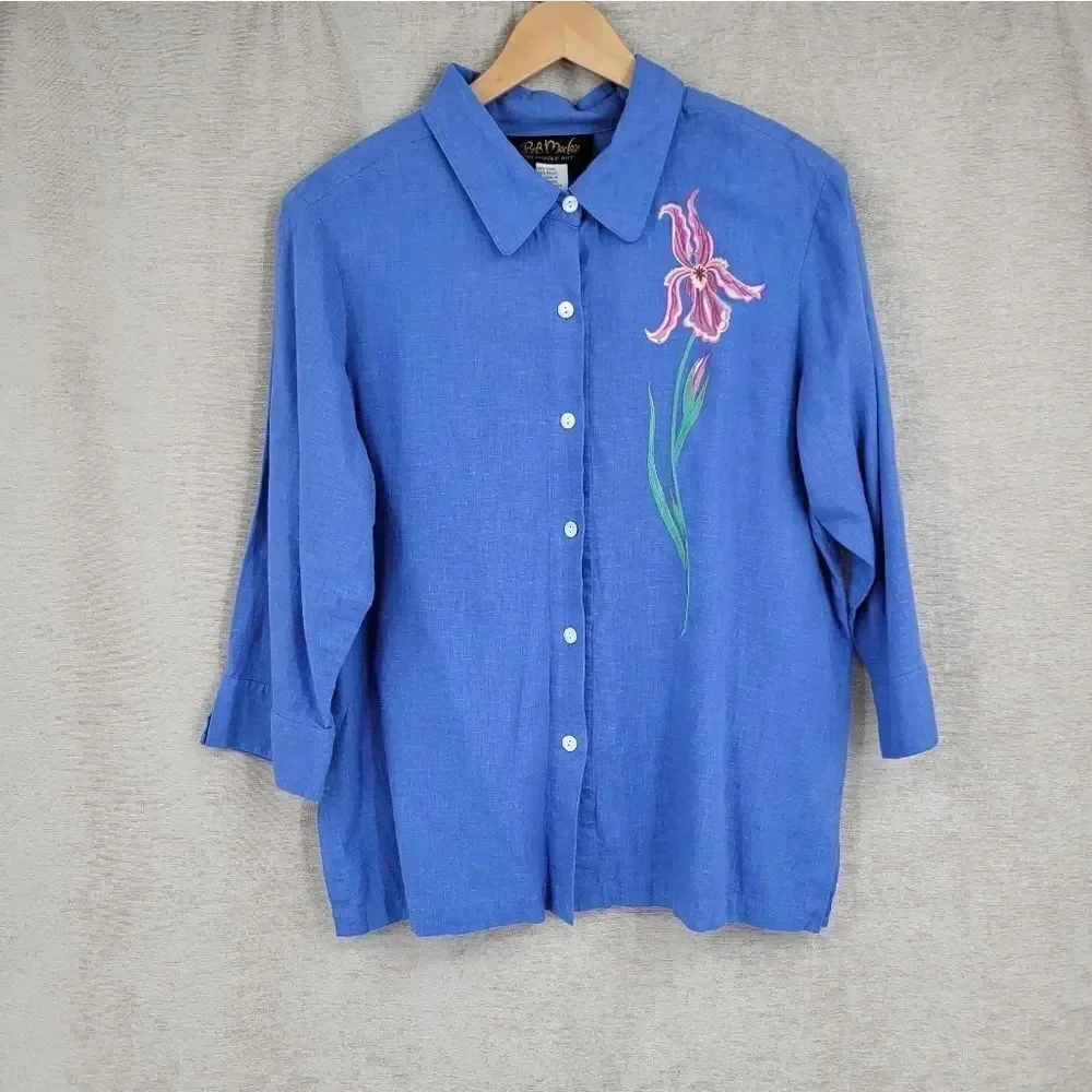 Bob Mackie Linen Blend Vintage Blue Embroidered Top and Matching Cropped Pants